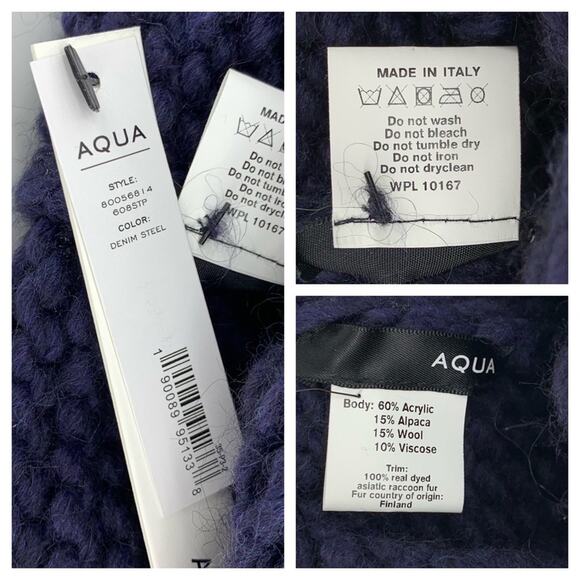 Navy Blue & Silver Wool Blend Beanie Hat Genuine Raccoon Fur Pom-Pom by AQUA - Picture 12 of 13